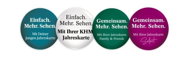 Vier runde Buttons mit Text: 'Einfach. Mehr. Sehen. Mit Deiner jungen Jahreskarte', 'Einfach. Mehr. Sehen. Mit Ihrer KHM Jahreskarte', 'Gemeinsam. Mehr. Sehen. Mit Ihrer Jahreskarte Family & Friends', 'Gemeinsam. Mehr. Sehen. Mit Ihrer Jahreskarte Select'.