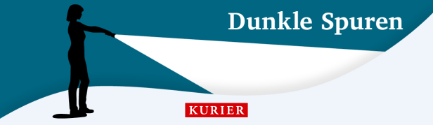 Podcast Dunkle Spuren Banner desktop Podcast Dunkle Spuren: Schattenriss einer Person mit Taschenlampe, die einen Lichtstrahl auf dunklem Hintergrund wirft.