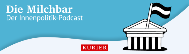 Die Milchbar - Innenpolitik Podcast Kurier: Parlamtent mit österreichischer Flagge auf blauem Hintergrund