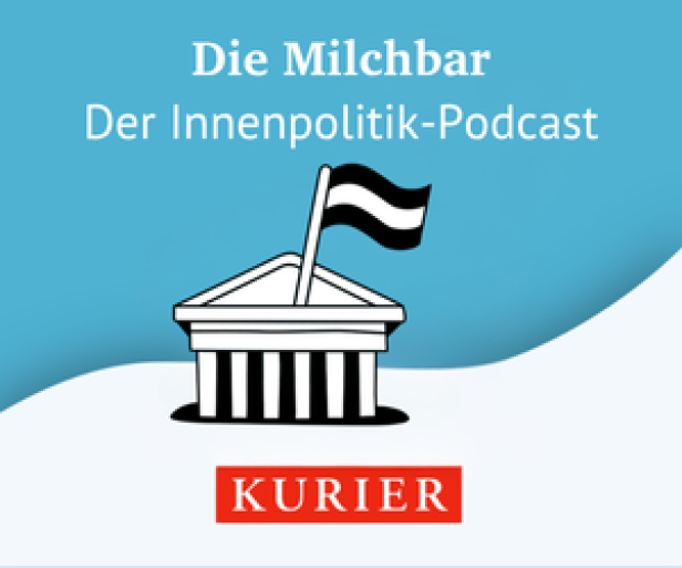 Podcast Die Milchbar Banner mobil  Die Milchbar - Der Innenpolitik-Podcast: Parlament mit österreichischer Flagge auf blauem Hintergrund