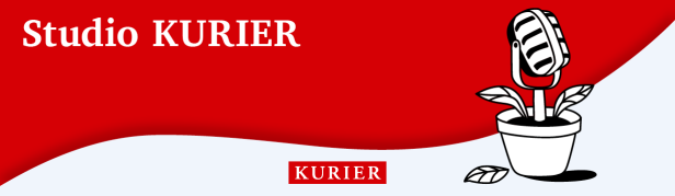 Podcast Studio Kurier: Mikrophon wächst wie eine Pflanze aus einem Topf auf rotem Hintergrund
