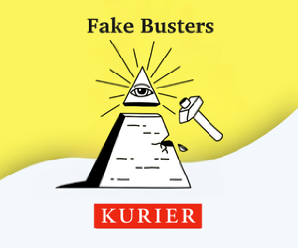 Podcast Fake Busters Banner mobil Podcast Fake Busters Kurier Eine Pyramide mit einem Auge an der Spitze wird von einem Hammer getroffen, darunter steht das Wort „KURIER“.