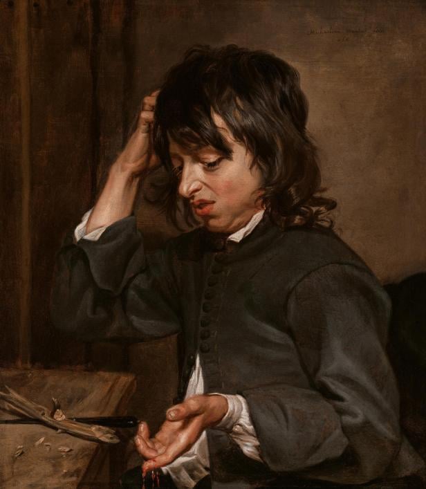 Gemälde eines Jungen mit dunklem, gewelltem Haar, der sich mit einem Messer in den Finger geschnitten hat.