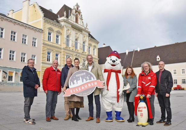 Mehrere Personen und ein Mensch im Eisbärenkostüm posieren am Domplatz an der Stelle, wo demnächst die Aufbauarbeiten für den Eislaufplatz starten.