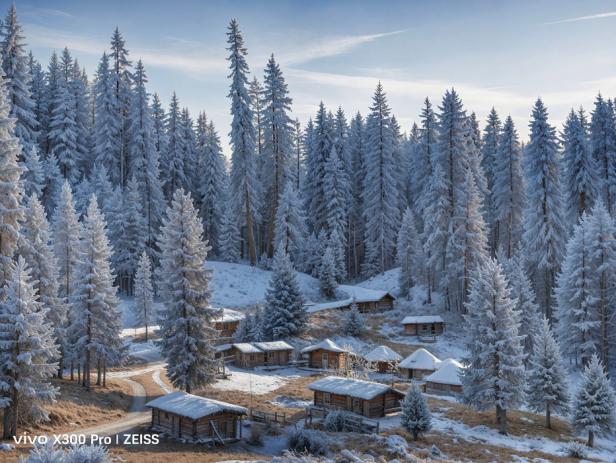 Eine winterliche Waldlandschaft mit Häusern und schneebedeckten Dächern
