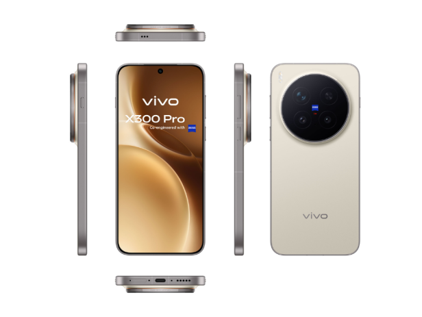 Auf dem Bild sieht man die Vorder- und Rückseite sowie die seitliche Ansicht des neuen vivo X300 Pro Handy.