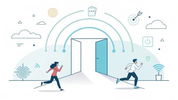 Vektorillustration mit zwei Personen, die auf eine offene Tür zulaufen, umgeben von Symbolen wie Wolken, Zielscheibe und WLAN-Signal.
