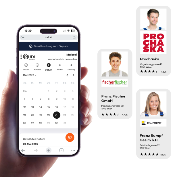 Hand hält Smartphone mit App-Ansicht von RUDI für Malerei-Dienstleistung. Rechts drei Dienstleisterkarten mit Namen, Adressen, Firmenlogos und Bewertungen.