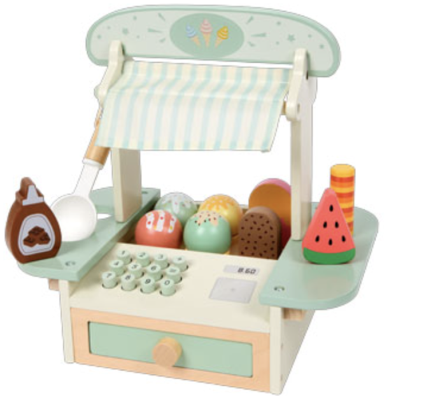 Spielzeug aus Holz, das einen Eisstand darstellt