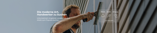 Mann mit schwarzem T-Shirt streicht eine Wand mit Farbrolle, daneben Text 'Die moderne Art, Handwerker zu buchen' und Symbole für Elektriker, Maler, Reinigung.