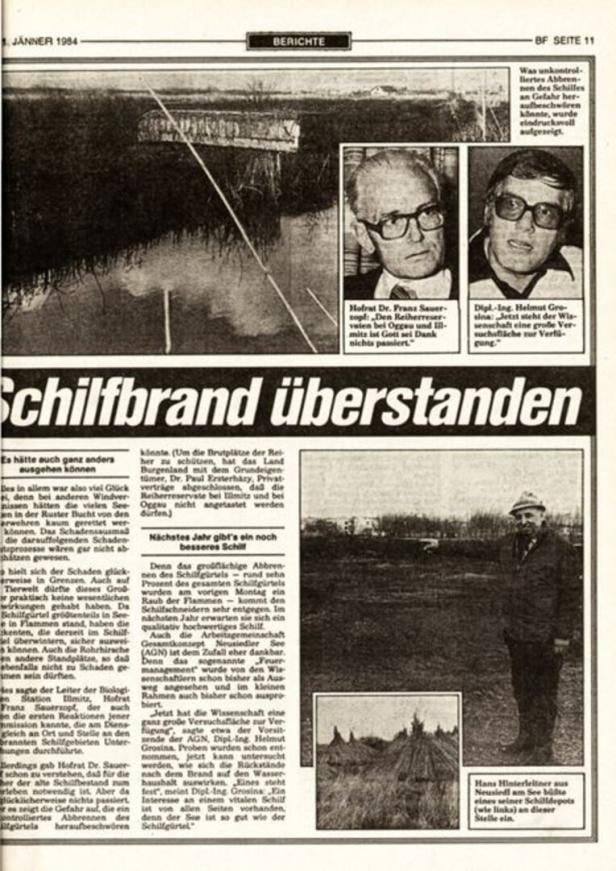 Ein Mann steht auf einem Feld, daneben ein Schilf-Depot, oben Porträts zweier Männer und ein Schilfgürtel an einem Gewässer.