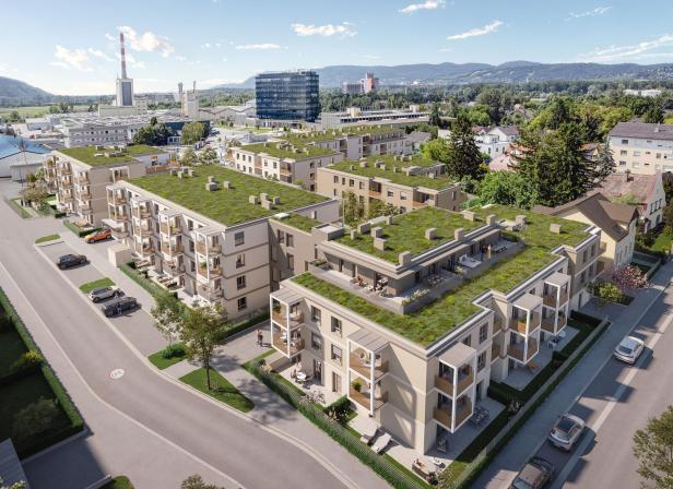 Vogelperspektive über das Neubauprojekt „KORNEUM“ in Korneuburg.