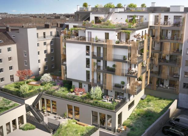 Auf dem Bild ist die Visualisierung eines Neubauprojektes von außen in der Ottakringer Straße in Wien zu sehen.