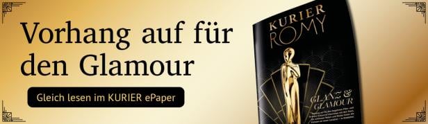 Eine goldene Trophäe steht auf einem schwarzen Magazincover mit der Aufschrift „KURIER ROMY“ und goldenen Art-Déco-Elementen.