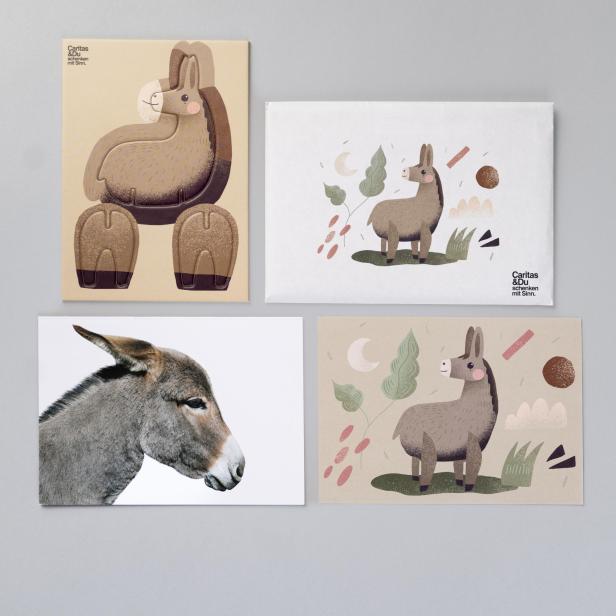 Vier Karten mit Esel-Motiven: eine mit Puzzleteilen, zwei mit stilisierten Eseln und Pflanzen, eine mit realistischem Eselkopf in Seitenansicht.