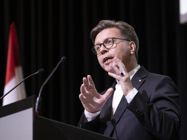 Ein Mann im Anzug spricht gestikulierend an einem Rednerpult mit zwei Mikrofonen, im Hintergrund eine rot-weiße Fahne.