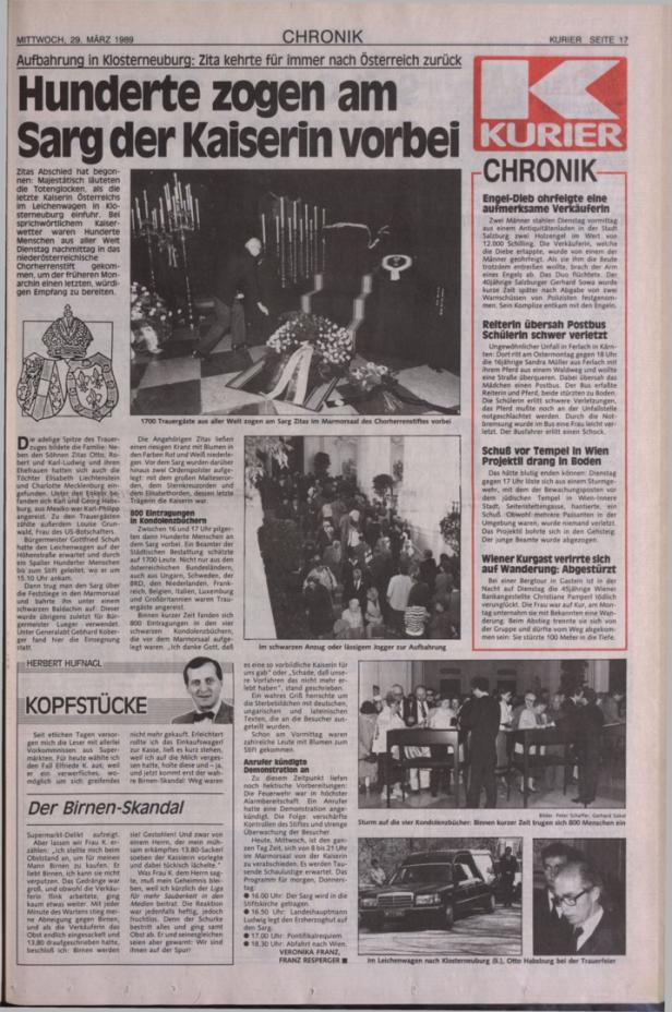 Eine KURIER-Seite auf dem Jahr 1989 über Zitas Aufbahrung in Österreich. 