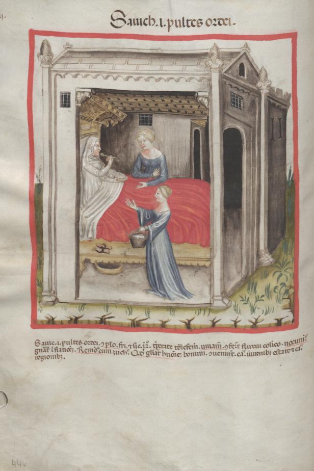 Eine kranke Person liegt in einem Bett mit roter Decke in einem offenen Raum, eine weitere Person reicht ihr eine Schüssel Gerstenschleim, eine dritte Person steht mit einem Eimer davor.