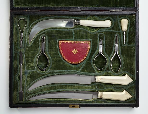 Geöffnete Kassette mit grünem Samtfutter, darin mehrere silberne Messer mit elfenbeinfarbenen Griffen und verschiedene Zangen und Werkzeuge.