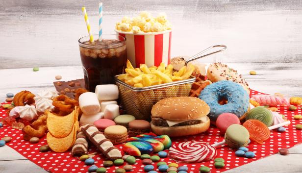 Unhealthy products. food bad for figure, skin, heart and teeth.