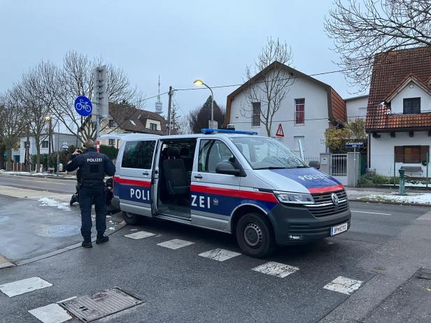Polizist vor einem Polizeiauto