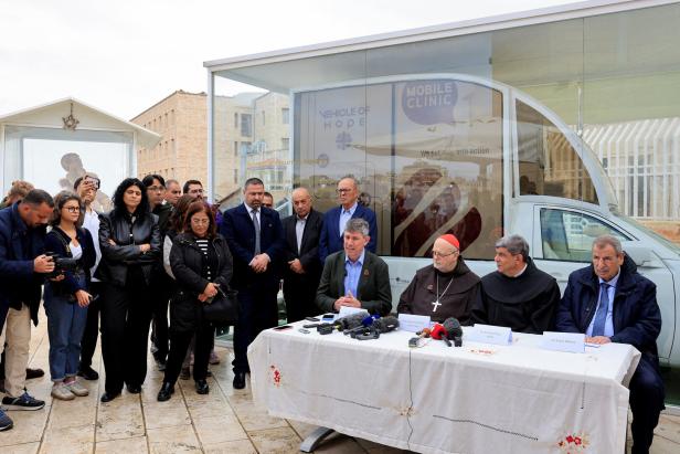 Vehicle of Hope, the former popemobile used by Pope Francis which has been transformed into a fully equipped mobile clinic, in Bethlehem
