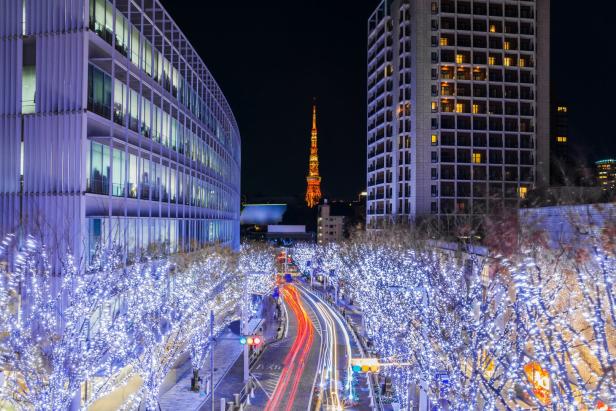 Nachts erstrahlt der Tokyo Tower zwischen Gebäuden und von Lichtern geschmückten Bäumen.