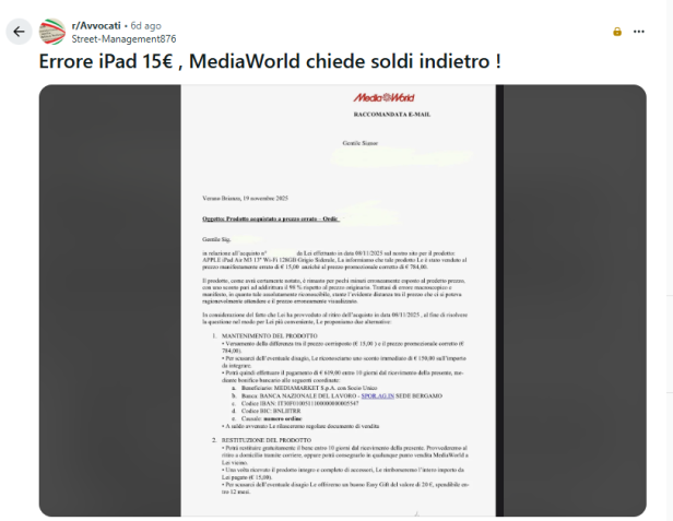 Kopie eines italienischen Briefes von MediaMarkt