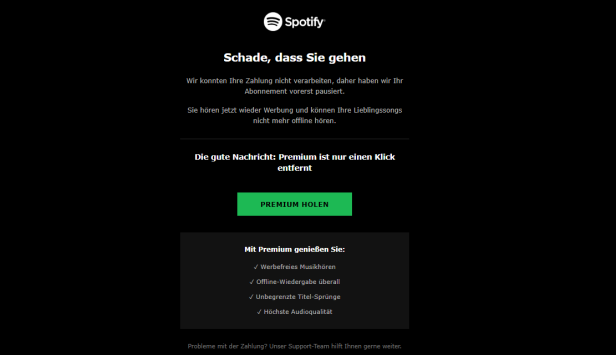 Gefälschte Spotify-Mail mit Hinweis auf pausiertes Abonnement und Button für Premium-Reaktivierung.