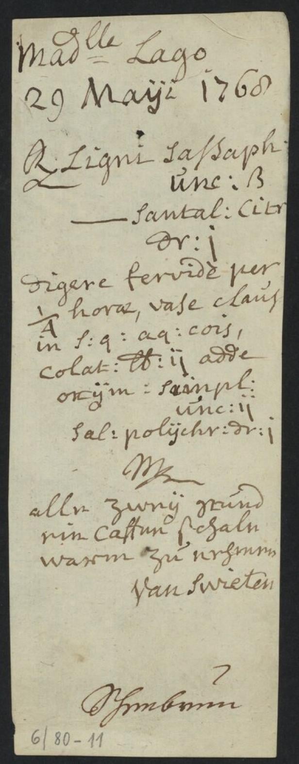 Handschriftliche Notiz mit medizinischem Rezept und Anweisungen aus dem Jahr 1760.