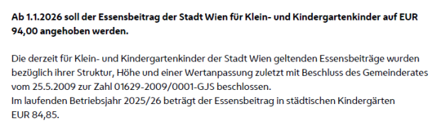 Protokoll-Auszug: Erhöhung der Essensbeiträge soll nächste Woche beschlossen werden.