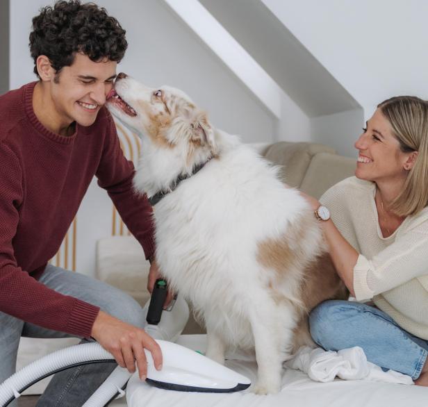 Eine Frau hält ihren Hund fest während ein Mann die Hundpfoten säubert.