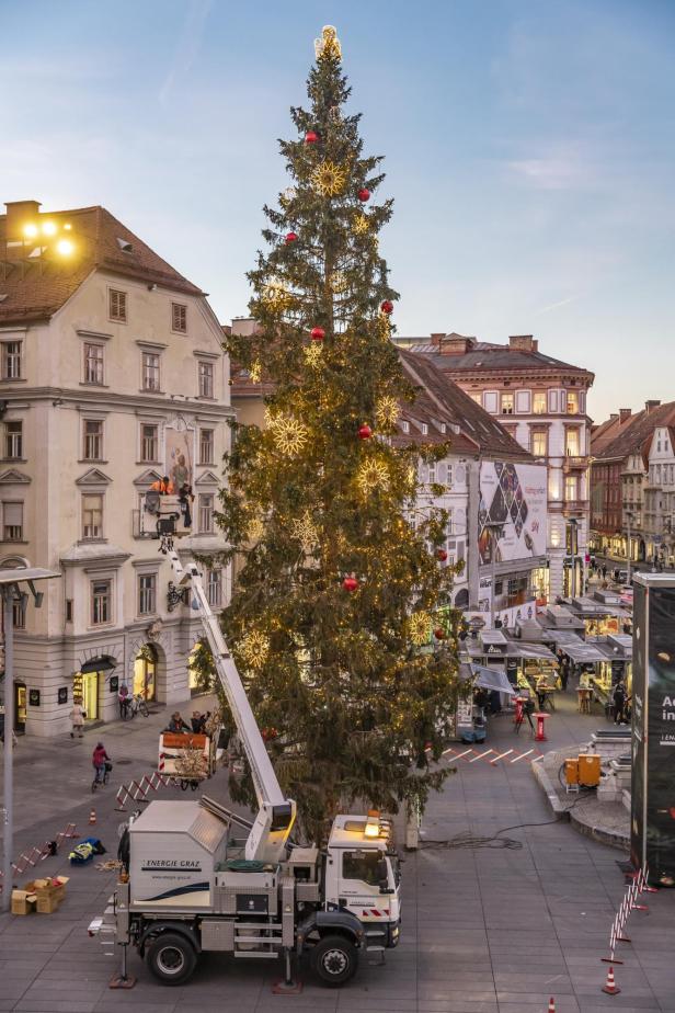 Der Grazer Christbaum bei der Probebeleuchtung
