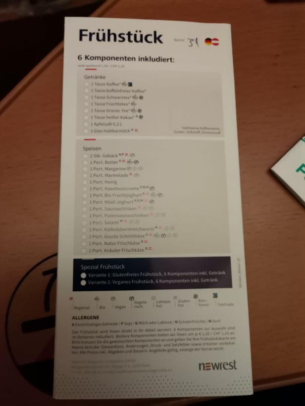 Die Frühstückskarte im Nightjet.