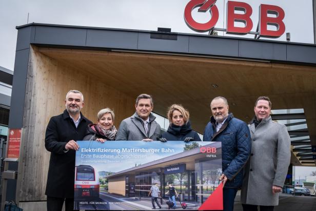Sechs Personen stehen vor einem modernen Bahnhofsgebäude und halten ein Schild zur Elektrifizierung der Mattersburger Bahn.