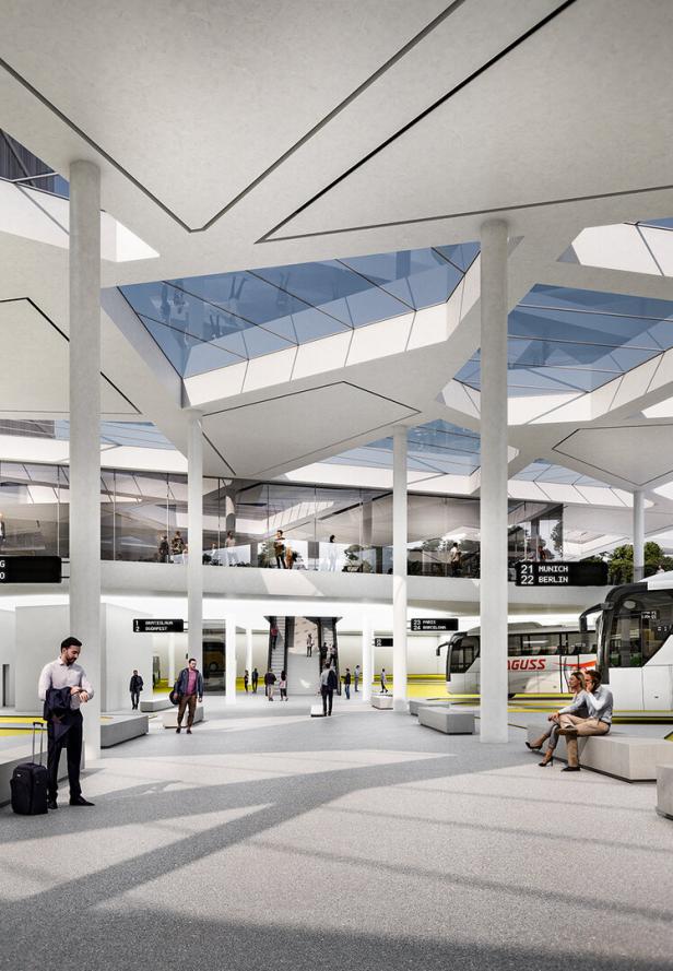 Eine Visualisierung des Fernbusterminal mit Menschen und Bussen.