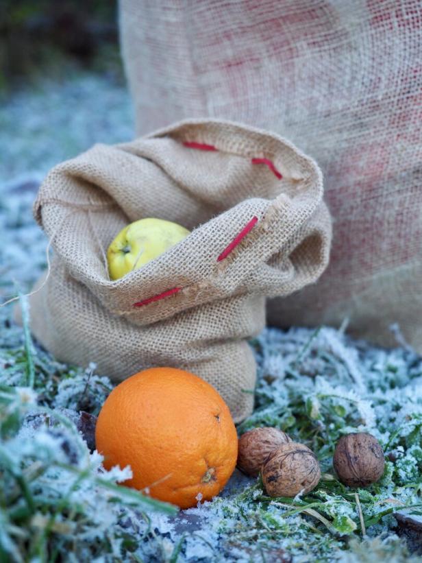 Ein Sack mit Apfel, eine Orange und Nüsse liegen auf frostigem Gras.