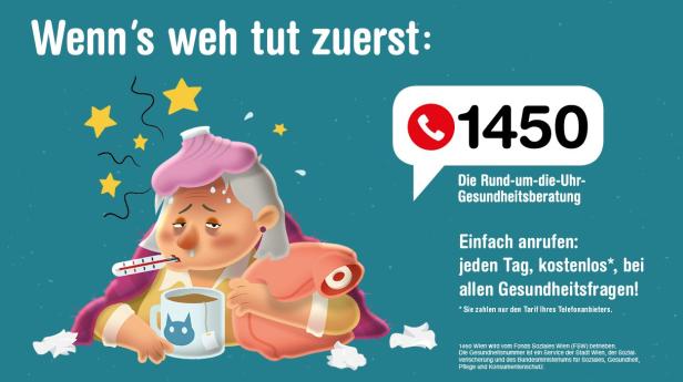 Eine kranke Person mit einem Thermostat im Kund, Wärmeflasche und Tee. Im Bild ist die Nummer 1450 zu sehen.