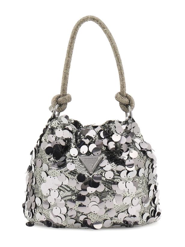 Eine silberne Glitzertasche mit Pailletten 