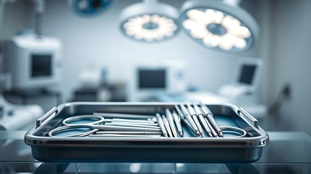 Ein Tablett mit chirurgischen Instrumenten liegt auf einem Tisch.