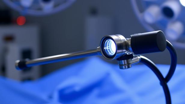 Nahaufnahme eines chirurgischen Lichts über einem Operationsbett.