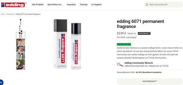 Das limitierte Parfum "edding 6071 permanent fragrance" wird als Flakon mit typischem Edding-Design und passender Verpackung präsentiert und ist bereits ausverkauft.