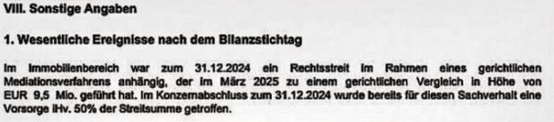 Ausschnitt aus einem Geschäftsbericht mit Angaben zu einem Vergleich über 9,5 Millionen Euro.