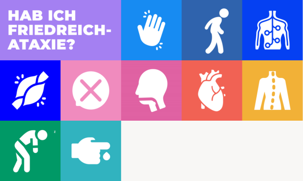 Mehrere bunte Symbole zeigen Symptome wie Muskelprobleme, Herz, Wirbelsäule, Müdigkeit und Zittern, dazu steht „Hab ich Friedreich-Ataxie?“.