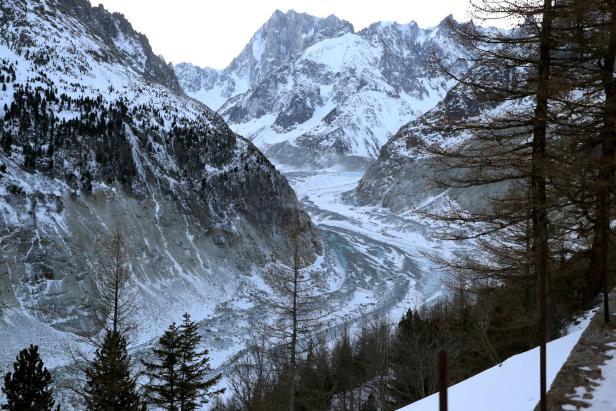 FILE PHOTO: A picture taken from the Montenvers railway station near Chamonix, at the Mont Blanc mountain range in the French Alps
