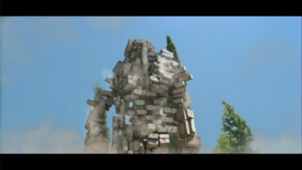 Heimat Berlin Hornbach-TV/Werde eins mit Deinem Projekt Ein großer, aus Steinen geformter Golem steht vor einem blauen Himmel.