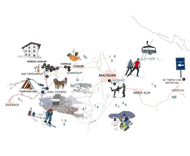 Gezeichnete Karte mit Wintersportlern, Skiliften, Sehenswürdigkeiten und Gastronomie rund um Leogang, Saalfelden und Maria Alm.
