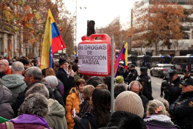 Protest against U.S. strikes in Venezuela where President Maduro and his wife were captured, in Madrid