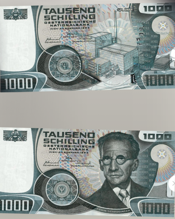 Eine Fotomontage der möglicherweise geplanten 1.000 Schilling-Note mit dem AKW Zwentendorf.