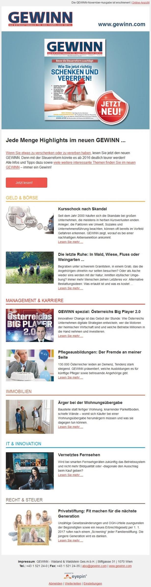 Gewinn Magazin - Newsletter - Screenshot Titelseite des GEWINN-Magazins zum Thema Schenken und Vererben vor dem Hintergrund der Steuerreform.